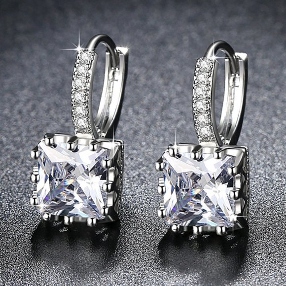 Jewelry - NEW 8CT Princess Cut Diamond Silver Hoop Earrings